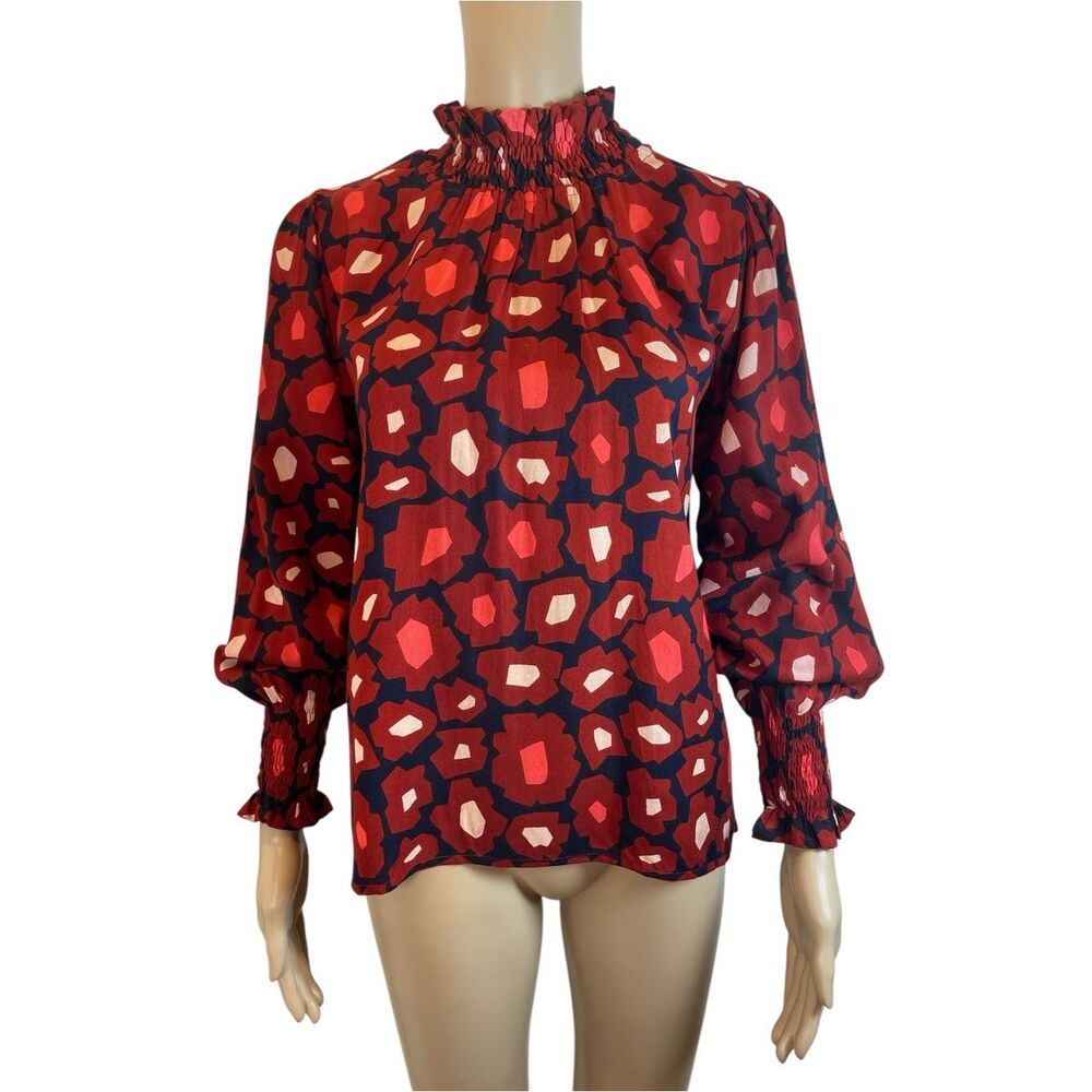 Compañia Fantastica Smocked High Neck Neck Red Floral Print Blouse size S